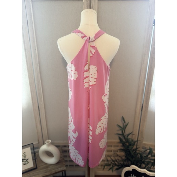 Tori Richard Pink Monstera Leaf Halter Dress Resort Wear Size M - Picture 6 of 9